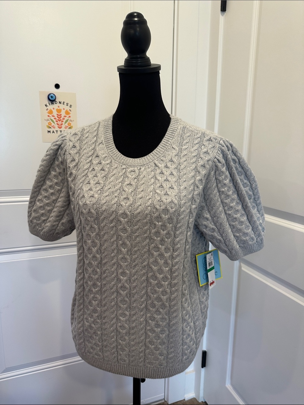 CeCe Moon Grey Cable Knit Puff Sleeve Jumper